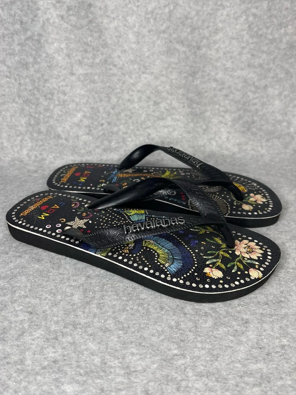 Farm Rio Black Multi Sandal in Black Havaianas Thong Flip Flops Women’s Size 7/8 - Picture 2 of 16